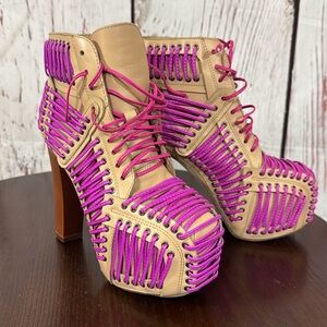 JEFFREY CAMPBELL LITA LACED in Neon Pink & Purple On Tan Leather Ankle Boots 6.5
